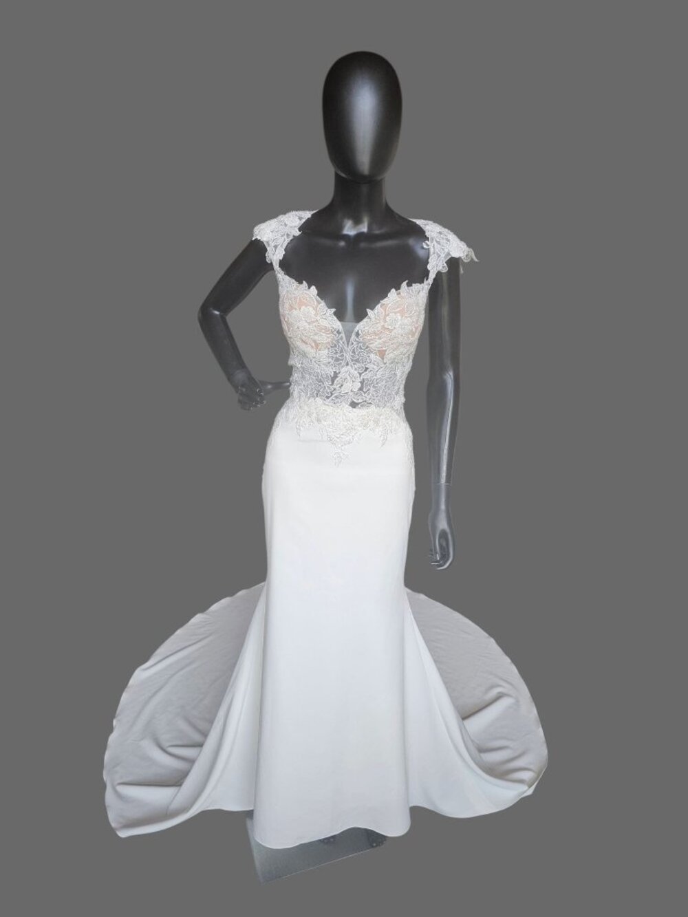 Ivory Crepe Illusion Bodice Cap Sleeve Fit/Flare Wedding Gown - Rebecca Ingram